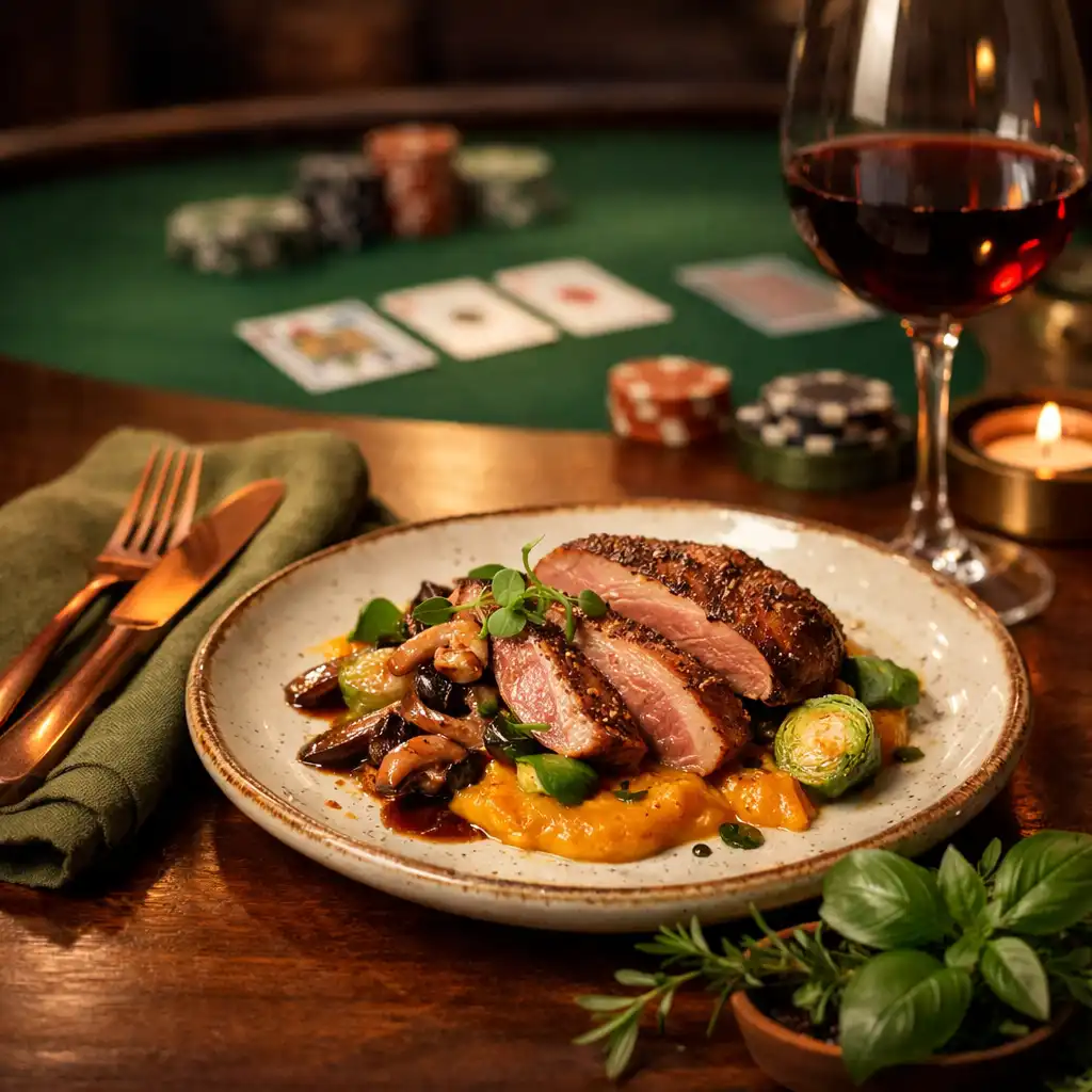 Gourmet fogás kerámiatányéron, réz evőeszközökkel és lenvászon szalvétával egy lounge-est terített asztalán
