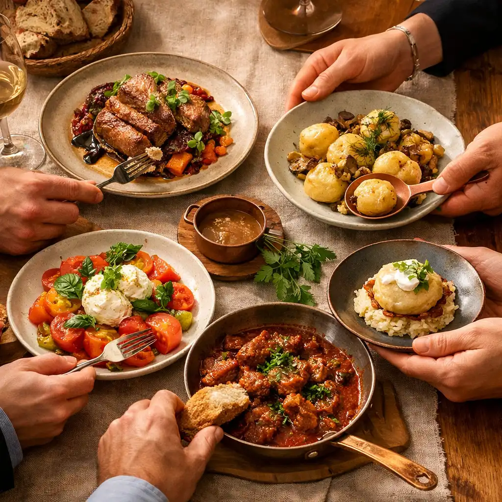 Kollégák kezei megosztott gourmet fogások és terített asztal felett